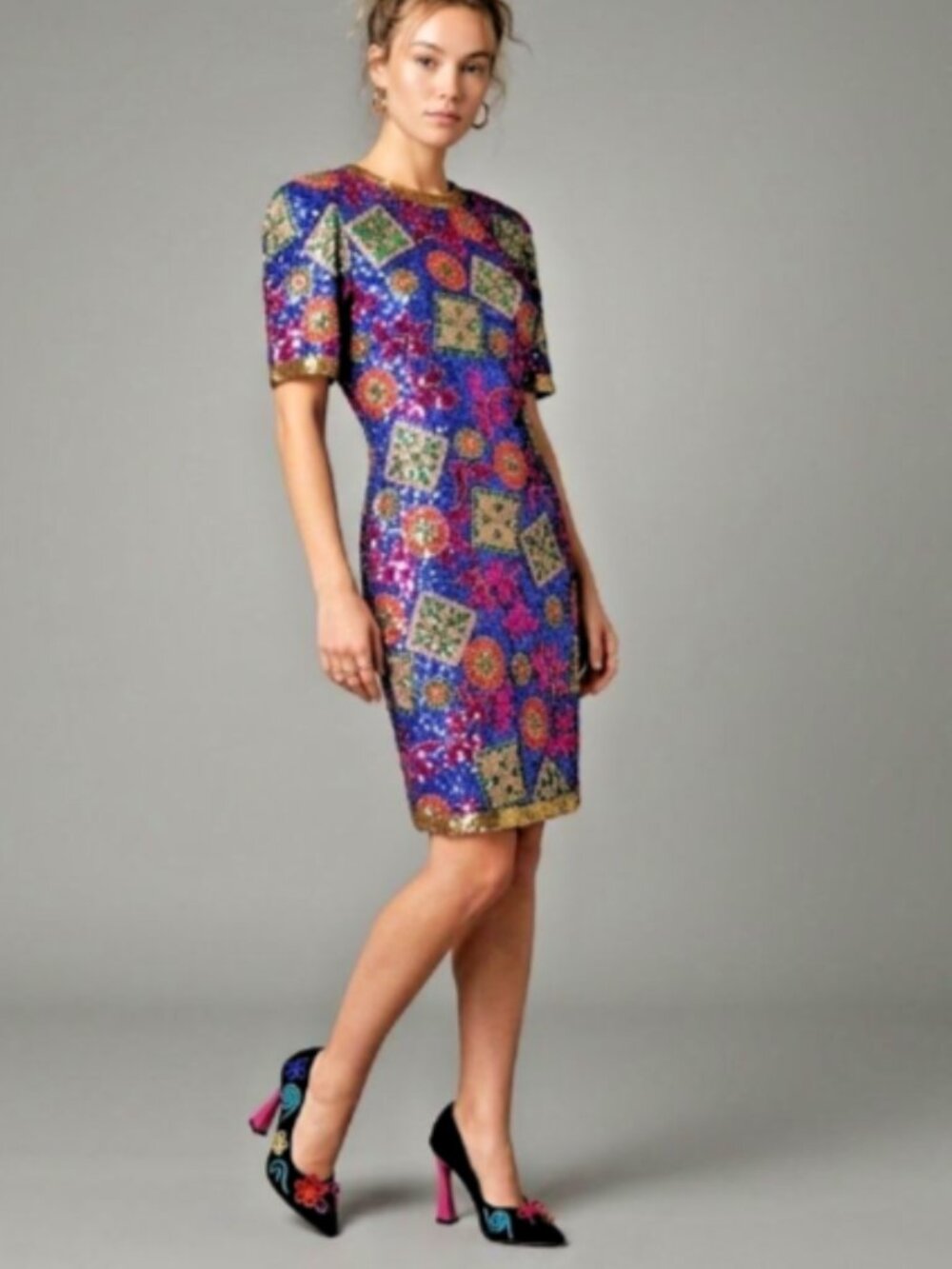Oleg Cassini 4 Cocktail Dress Multicolor Sequin Silk Blend Short Sleeve Vintage
